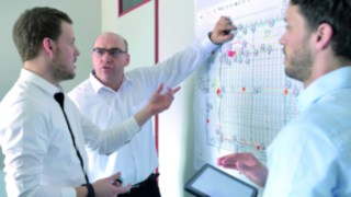 Mit dem Linde Safety Scan wird das Unfallpotential identifiziert Workshop an einer Wand für den Linde Safety Scan