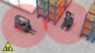 Mit dem Linde Safety Guard können ATEX Zonen eingerichtet werden in den Fahrzeuge automatisch langsamer fahren Gekennzeichnete ATEX-Zonen helfen Kollisionen in dem Bereich zu vermindern