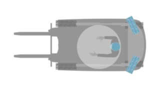 Die Kombi-Lenkachse von Linde sorgt für höchste Wendigkeit und Stabilität bei 4-Rad-Staplern. Grafik eines Elektro-Gegengewichtstaplers in der 4-Rad-Version mit Kombi-Lenkachse