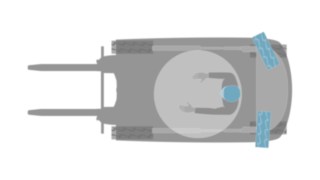 Die Linde-Pendelachse erbindet einen niedrigen Fahrzeugschwerpunkt und hohe Robustheit. Grafik eines Elektro-Gegengewichtstaplers in der 4-Rad-Version mit Pendel-Lenkachse